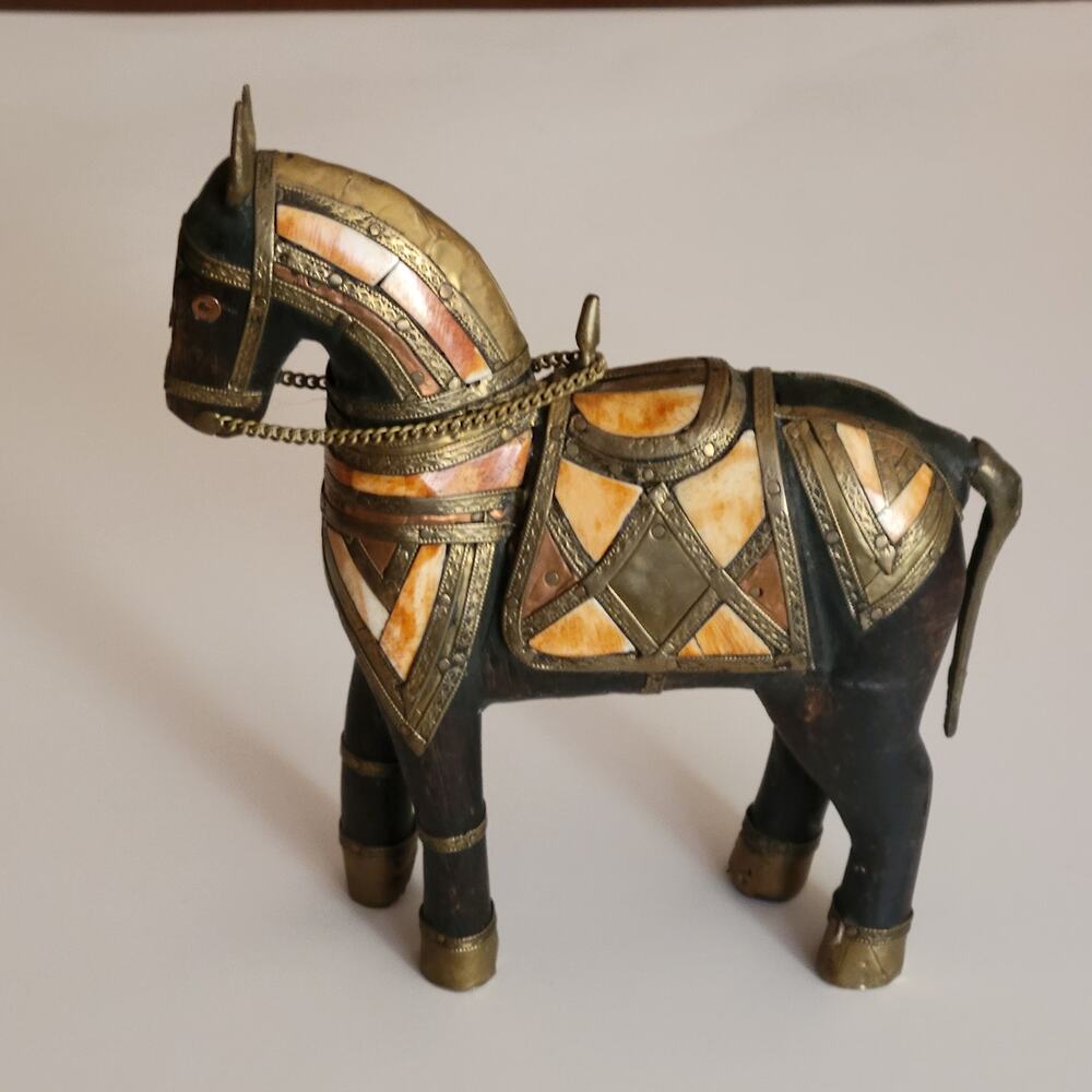 Vintage Carved Wood with Hammered Brass & Stone Inlay Armored War Horse Figure